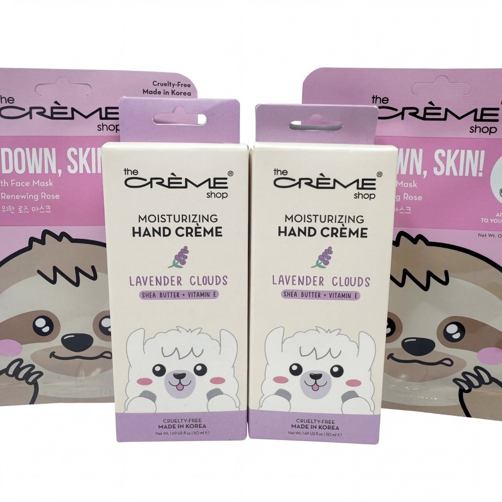 2X The Creme Shop Moisturizing Hand Creme‎ Lavender Clouds & 2 Sloth Face Masks